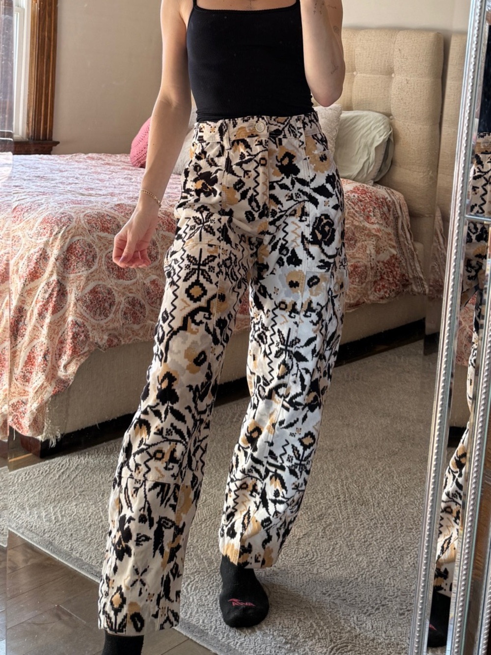 Anthropologie Black & Cream Botanical Bootleg Pants